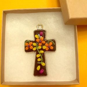 Cross pendant polymer clay and metal Handmade
